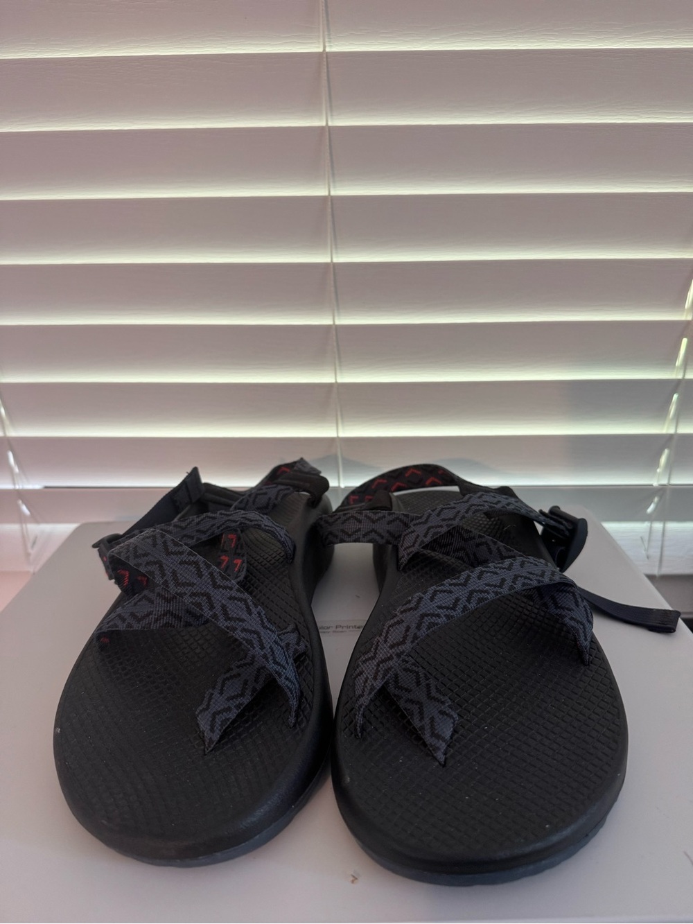 Chaco Men's Black Strappy Sandals with Gray Patterned Webbing